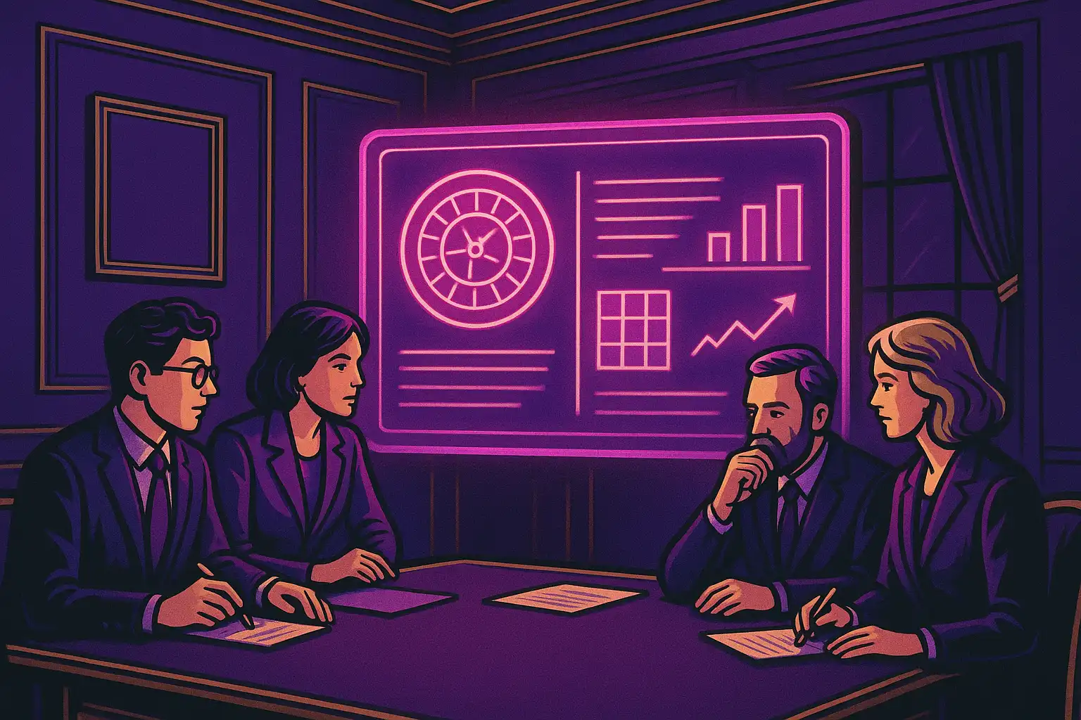 Illustration of reviewers examining a glowing neon casino scoreboard in a royal purple study