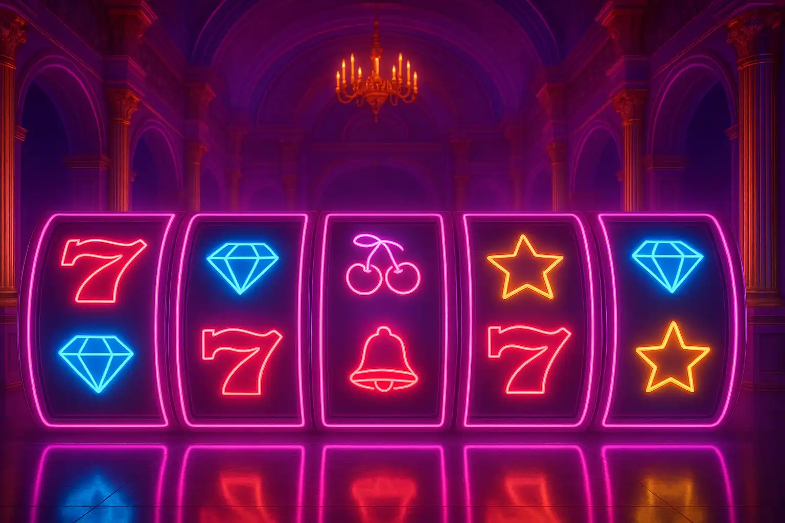 Wide display of glowing neon slot machine reels lined up in a royal palace hall